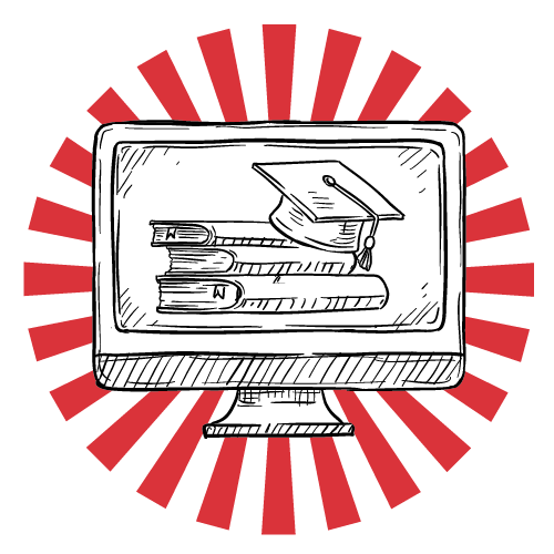 Illustration d’un écran d’ordinateur avec un chapeau de diplômé et des livres, symbolisant la formation et l’accompagnement en communication et graphisme proposés par Zora à Caen.