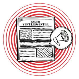Illustration d’un journal intitulé “Newsletter Vert l’essentiel”, symbolisant la lettre d’information de Zora Consulting dédiée à la communication responsable et au design durable.