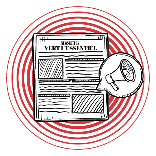 Illustration d’un journal intitulé “Newsletter Vert l’essentiel”, symbolisant la lettre d’information de Zora Consulting dédiée à la communication responsable et au design durable.