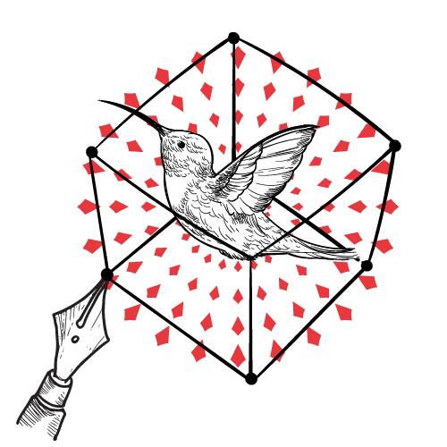 Illustration noir et blanc d’un colibri enfermé dans un carré transparent tracé au stylo plume, avec un soleil stylisé rouge en arrière-plan.