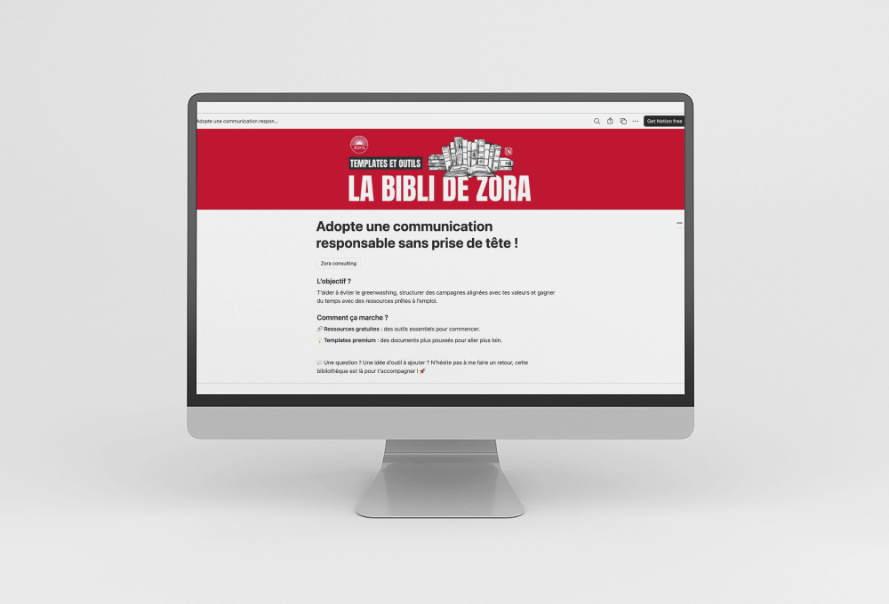 Écran d’ordinateur affichant la page Notion de La Bibli de Zora, ressources en communication responsable.