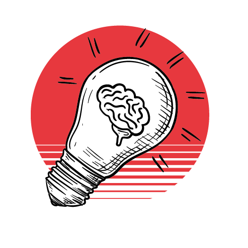 Illustration dessinée à la main d'une ampoule allumée avec un cerveau humain à l'intérieur, sur un cercle rouge vif, symbolisant une idée ou une solution créative.