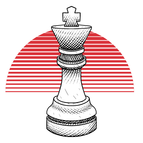 Illustration d'une pi&egrave;ce d'&eacute;checs devant un soleil rouge stri&eacute;, symbolisant la strat&eacute;gie de communication et le conseil &agrave; Caen.